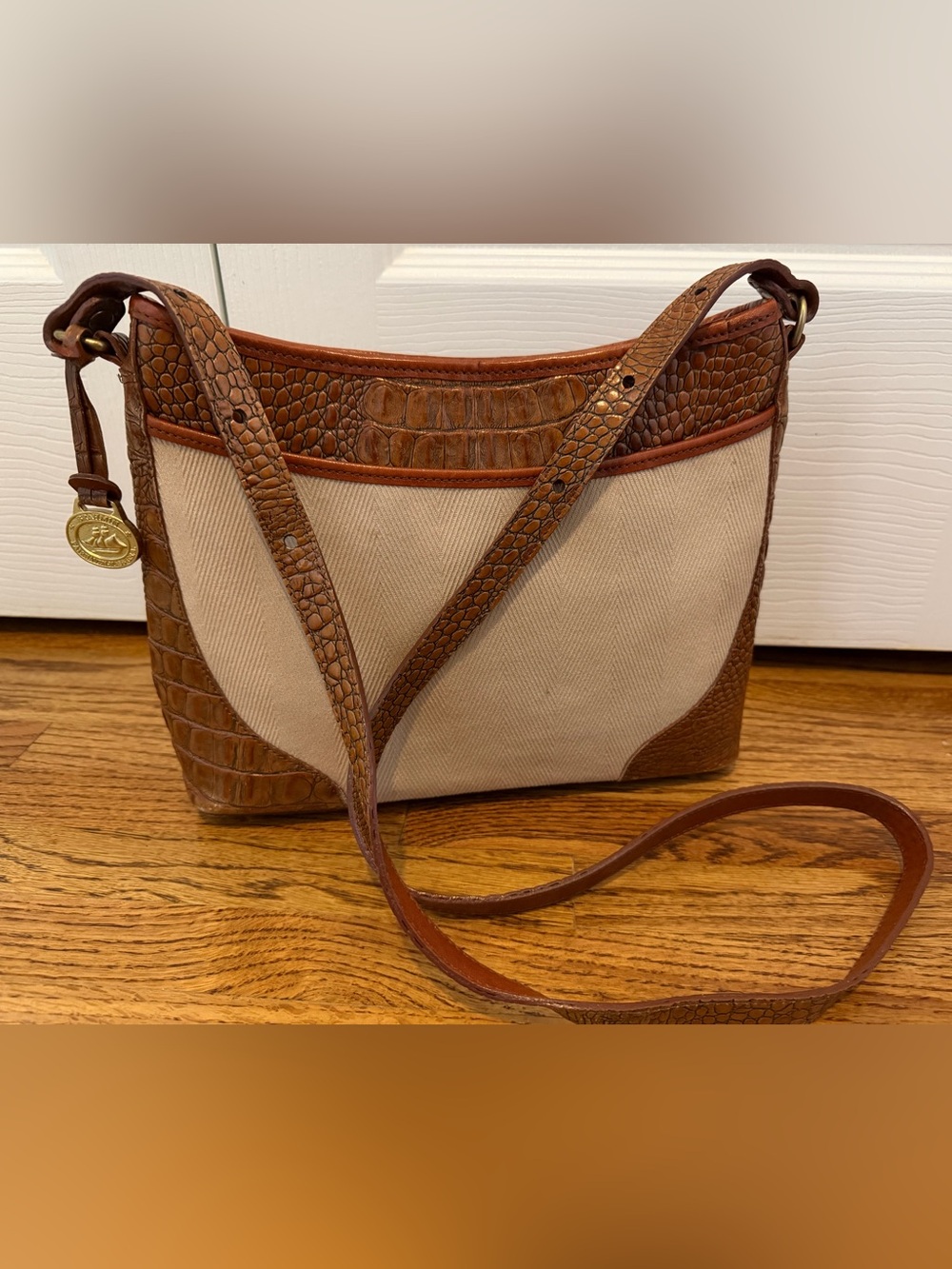 Brahmin Tan/Brown Croc-Trim Canvas Crossbody Bag